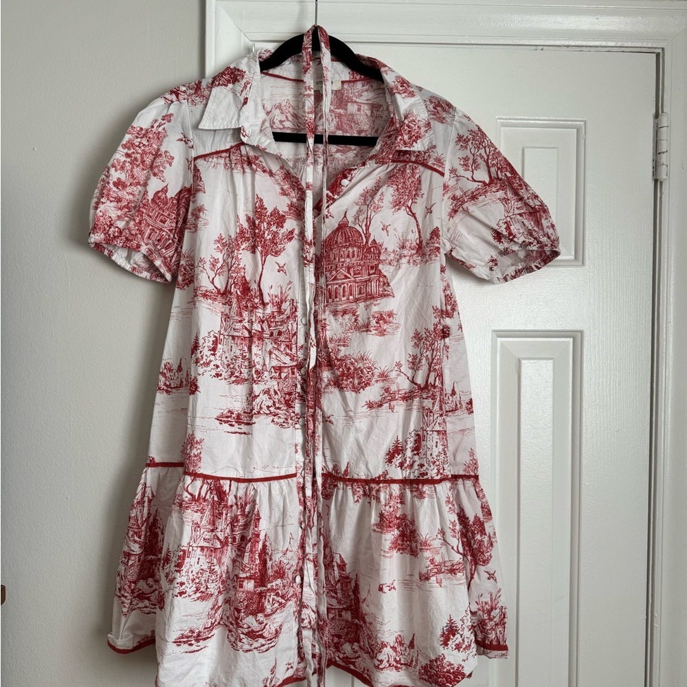 Umgee Red Toile Buttoned Puff Sleeve Mini Dress